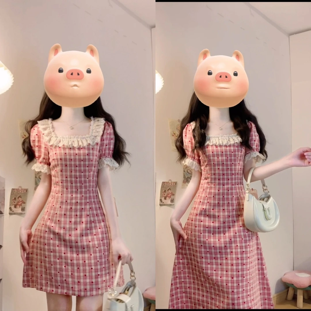 安妮日记-2025春夏法式复古方领红格爱心花边俏皮连衣裙