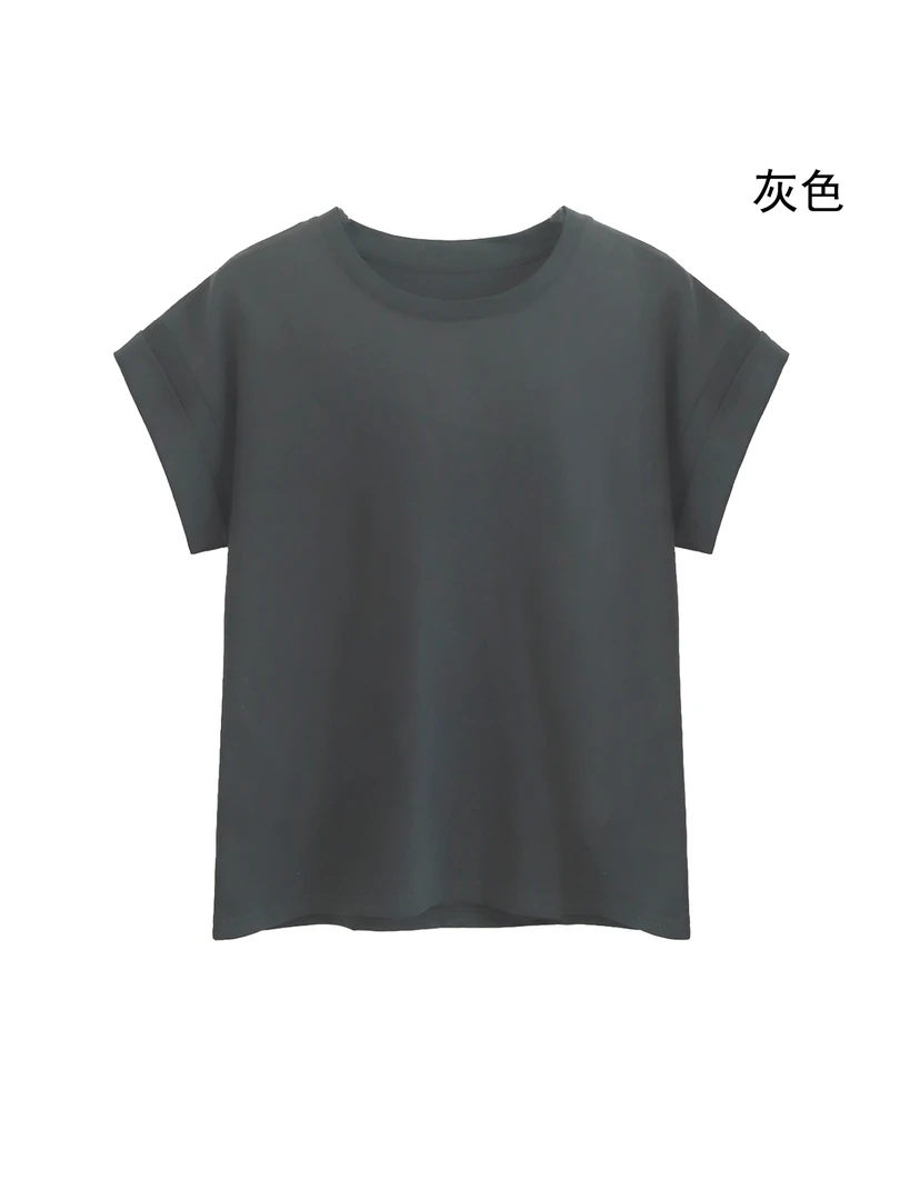 4色女款圆领袖口卷边短袖T恤常规款