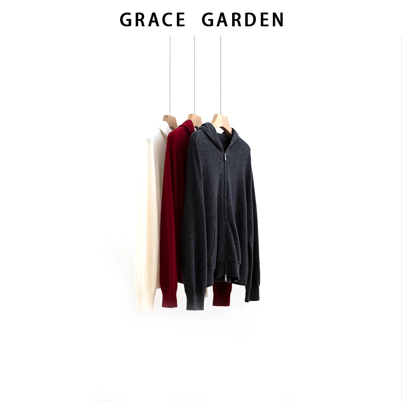 GRACE GARDEN【三条杠帽衫！340g+】连帽撞色条拉链针织衫ZZS5K1114