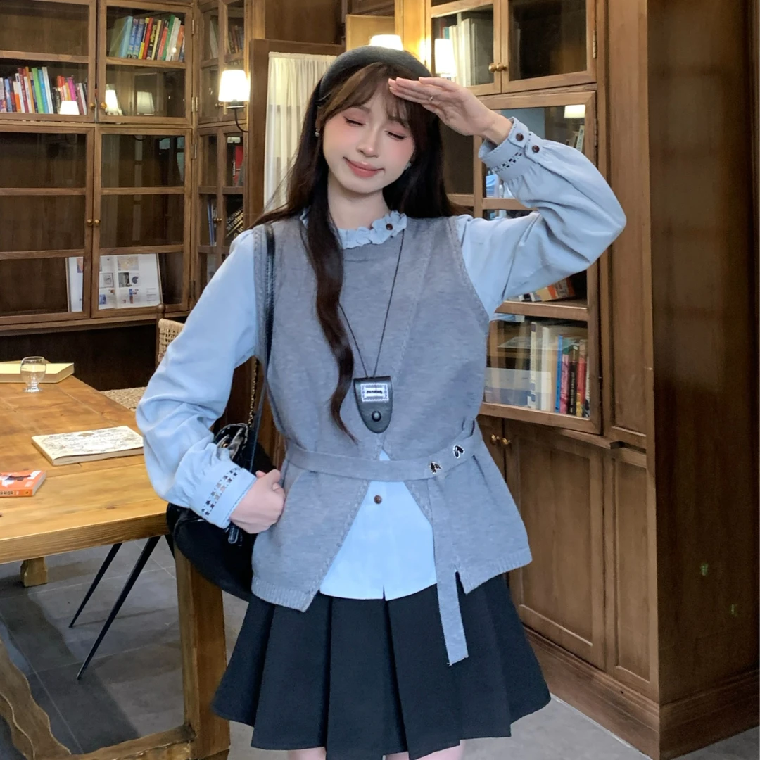 【真两件套！】慕兔法式花边长袖衬衫搭配针织马甲两件套女新款套装