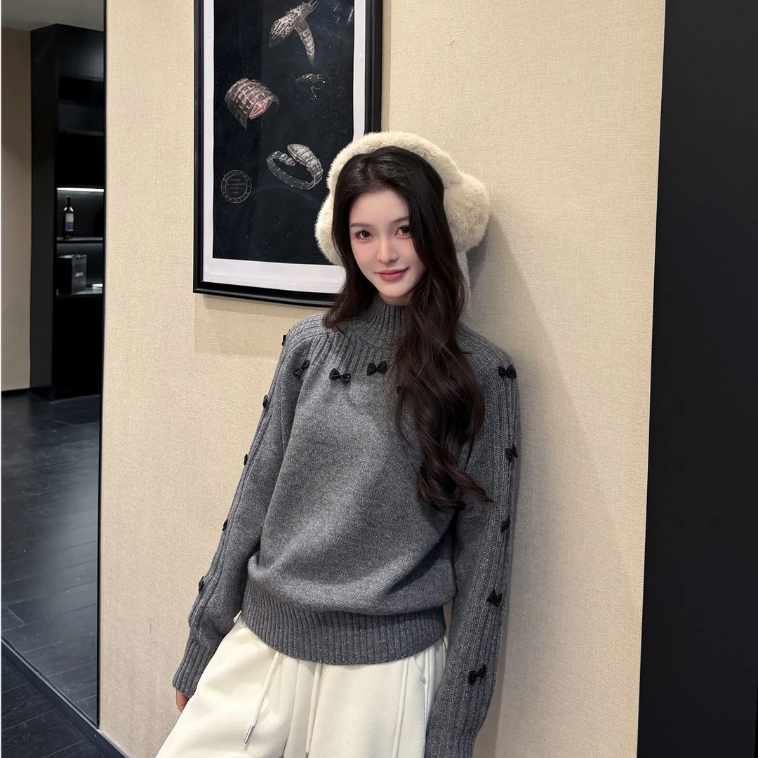 纯色设计感半高领蝴蝶结毛衣女时尚可爱慵懒风长袖针织衫K2-54