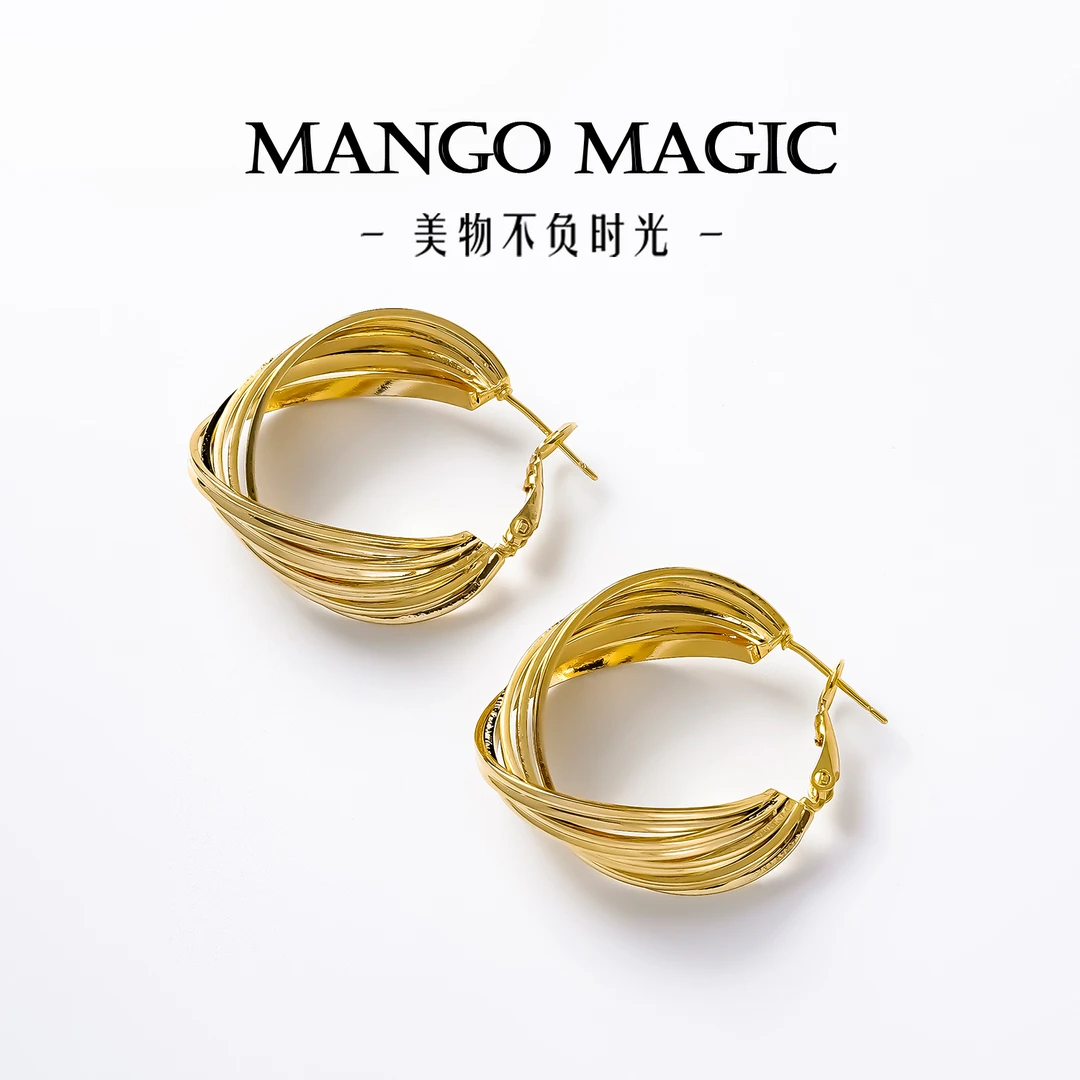 mango magic 铜合金耳饰 法式小众气质经典纹素色圈圈耳环9853