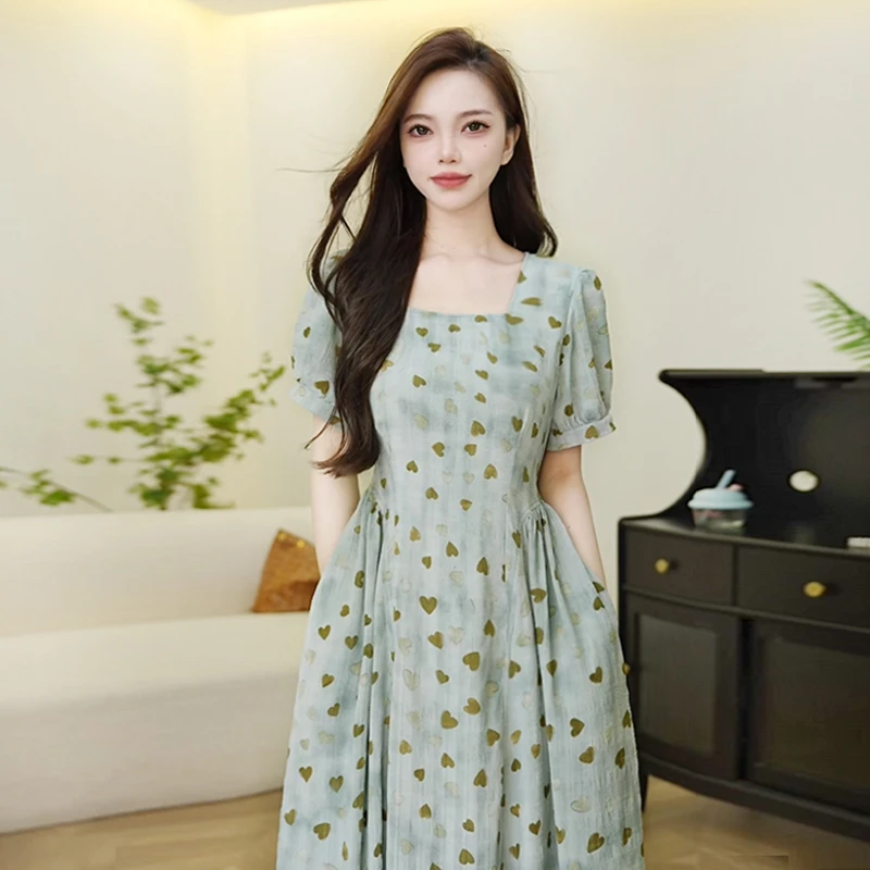 （有口袋）绿色有口袋连衣裙女夏季高级感显瘦收腰法式长裙