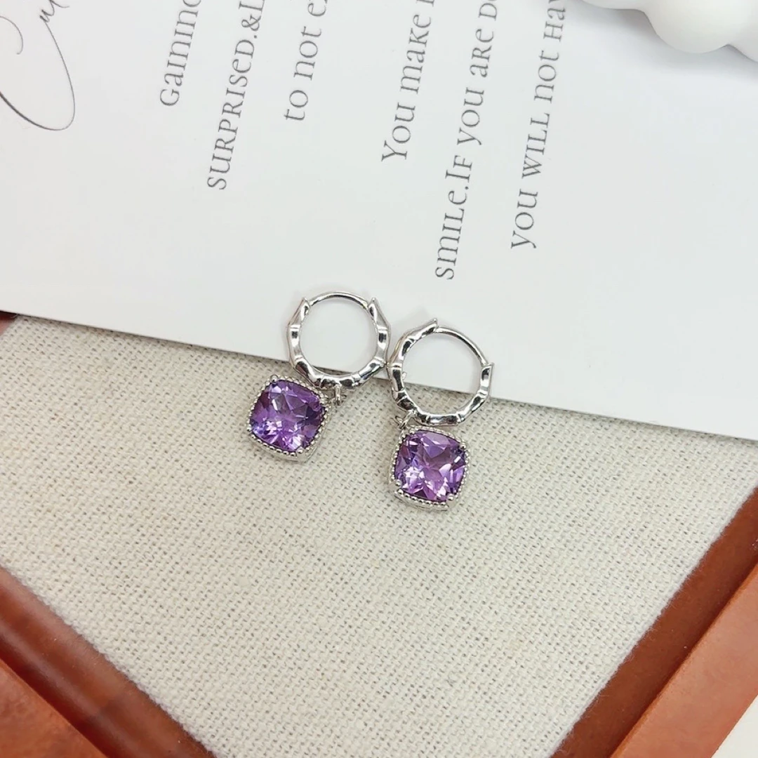 天然紫水晶耳扣  主石7*7mm/2粒  S925银镶