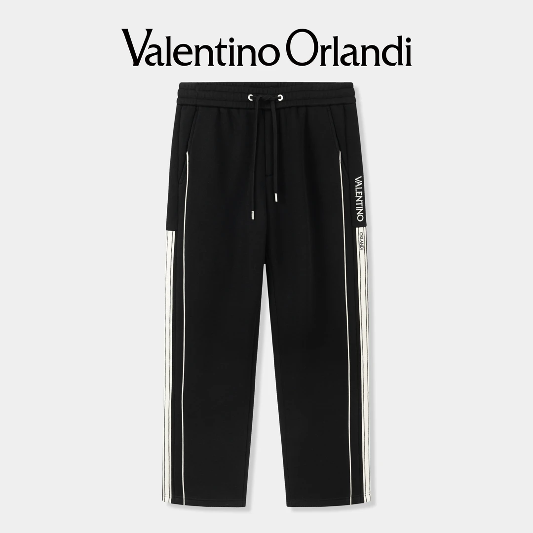 Valentino orlandi男士春秋B版时尚百搭条纹字母刺绣小标针织长裤