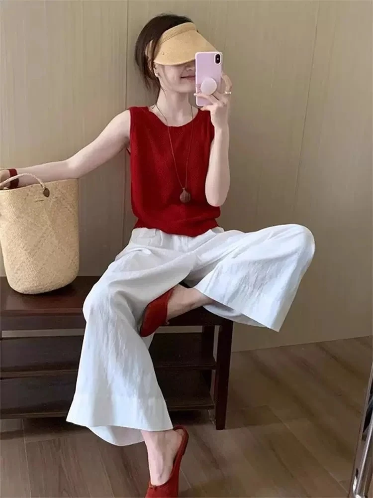 红色后背镂空背心上衣女夏外穿小个子修身针织衫t恤短款内搭