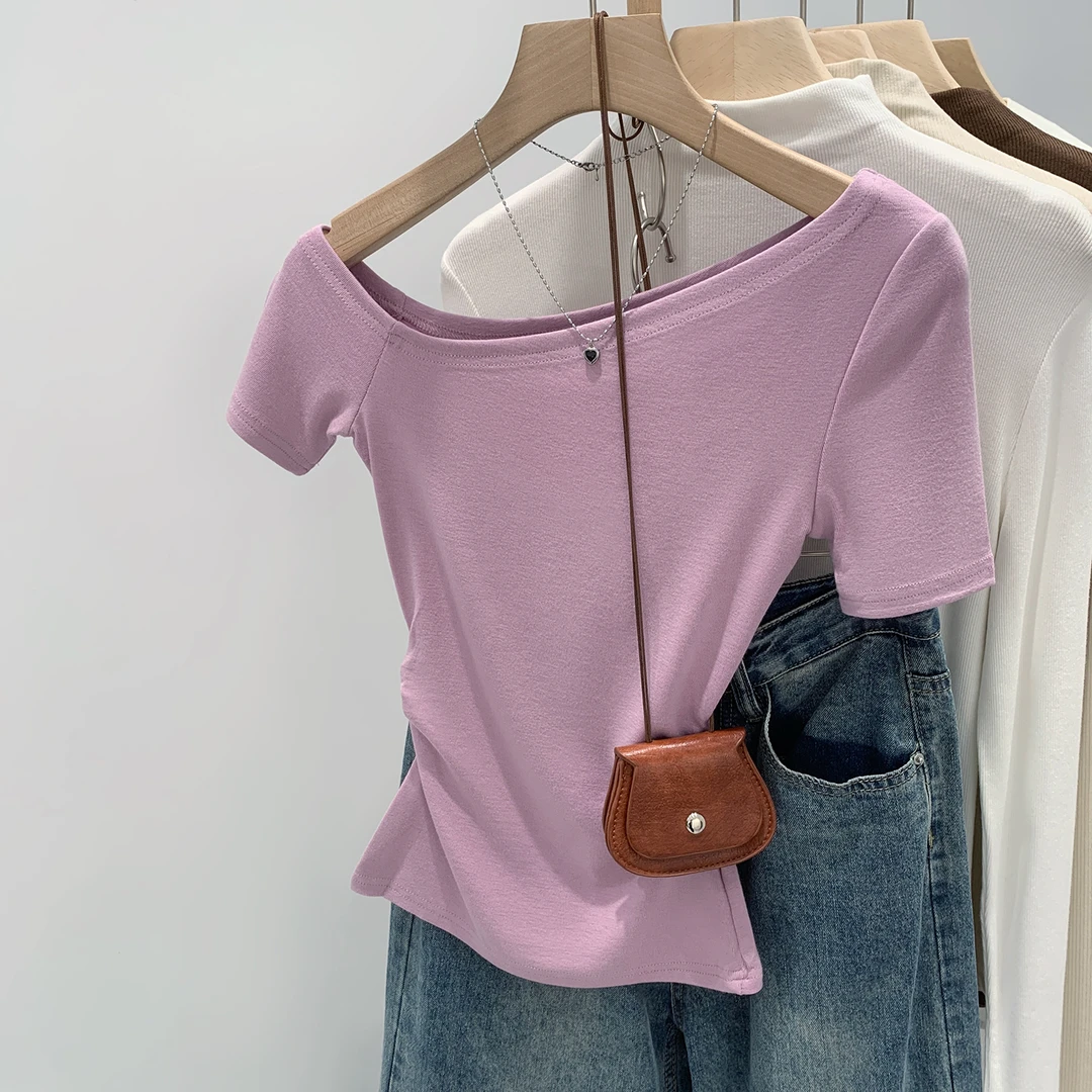 【部分现】韩系别致斜肩短袖T恤女修身显瘦超好看露肩上衣250585