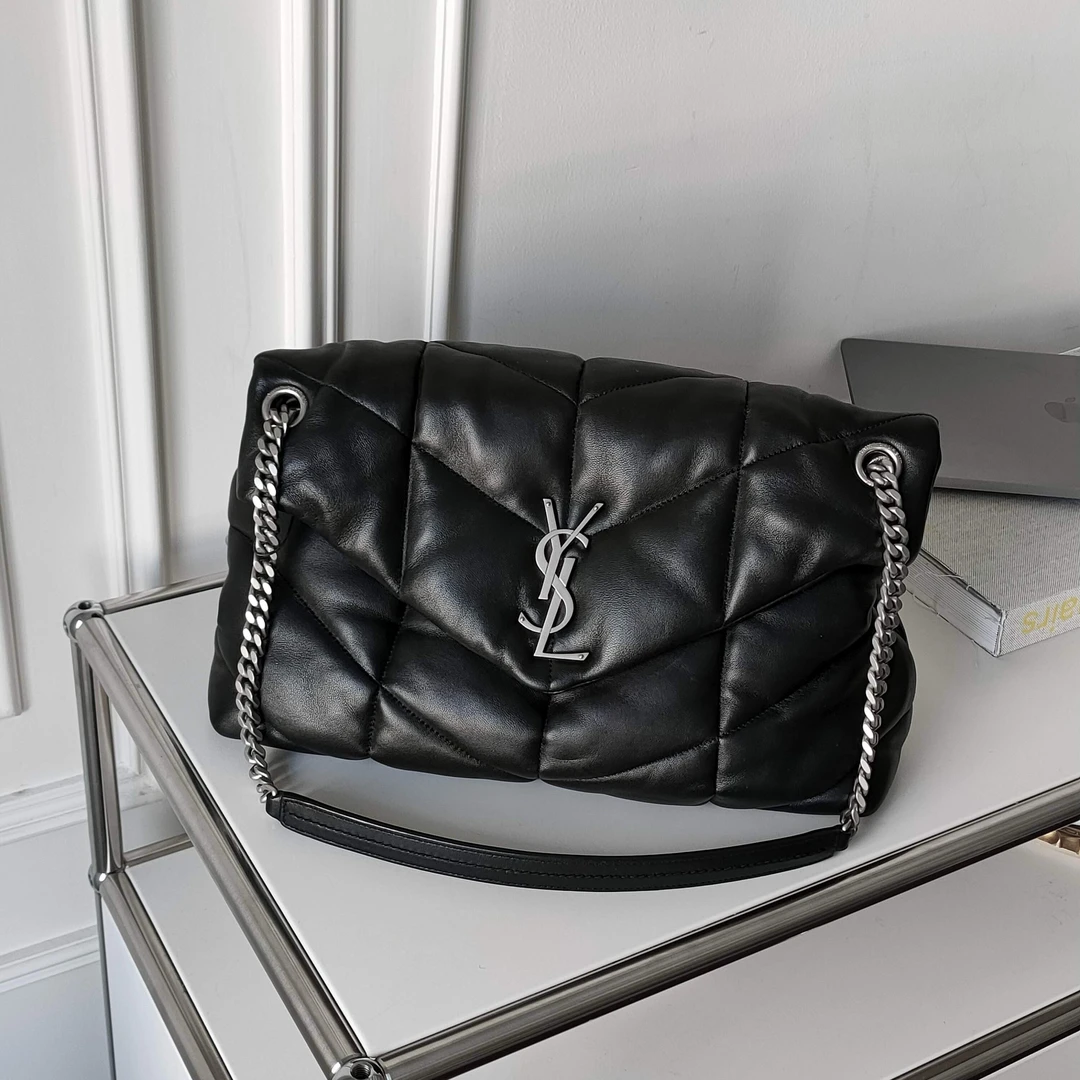 99新 YSL/圣罗兰 Azul - 黑银羊皮Loulou中号时尚单肩包 38390