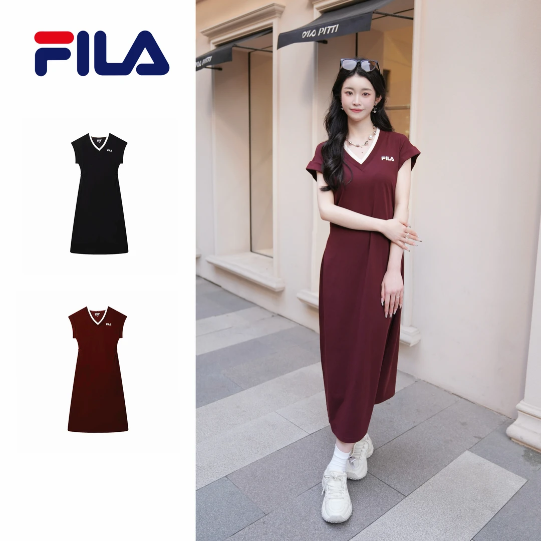 【凉感&抗菌】斐乐女装休闲气质收腰显瘦V领长款连衣裙F11W528303F