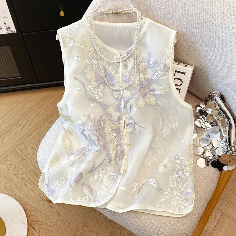 新中式重工刺绣镂空马甲女士夏季时尚圆领上衣高级感无袖坎肩马夹
