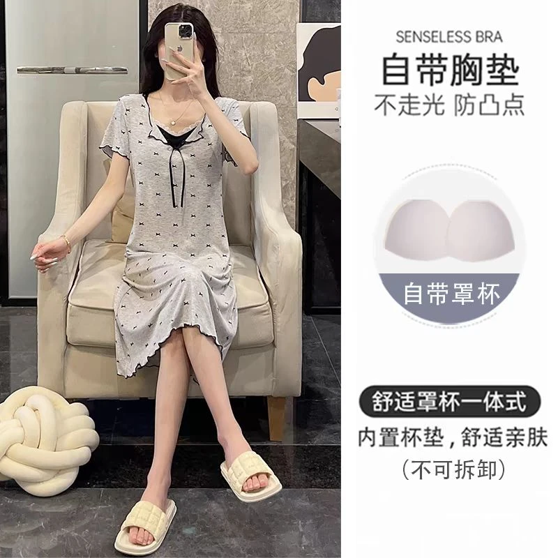 螺纹睡裙女短袖夏季纯色睡衣蕾丝花边公主风蝴蝶结蕾丝家居服睡裙