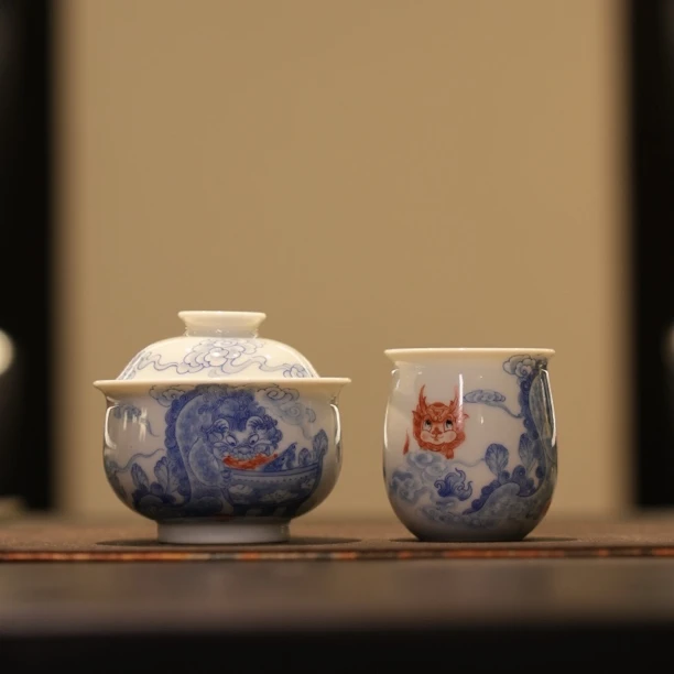 念物山坊 龙之九子青花饕餮盖碗杯子套组