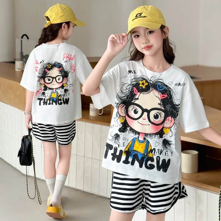 女童时尚洋气2025夏季卡通女孩中大童洋气条纹短裤女童时髦两件套