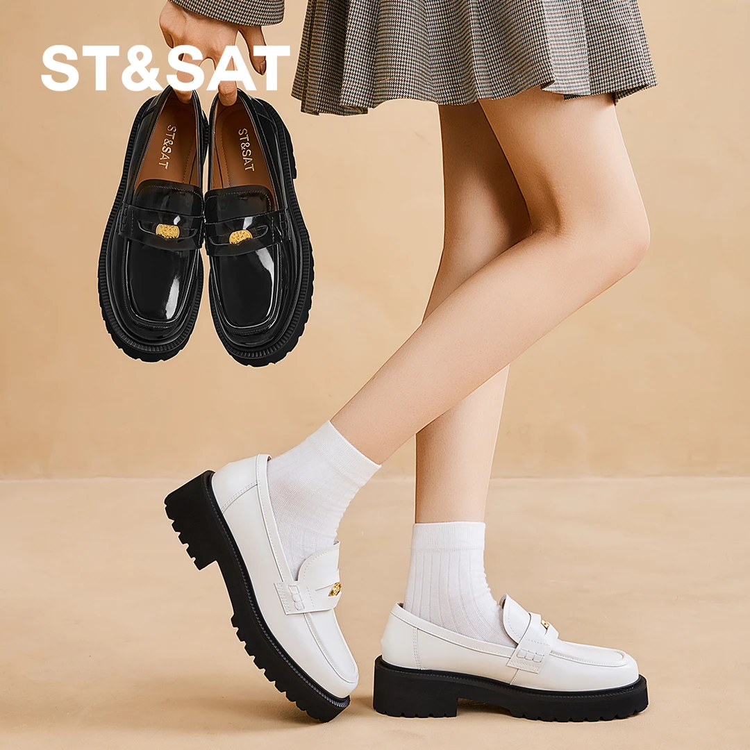 星期六女鞋秋季厚底小皮鞋圆头时尚休闲鞋流光风出游百搭乐福鞋女