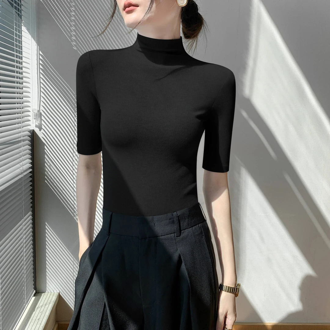 黑色螺纹半高领t恤女2025春秋新款高级感修身打底五分袖上衣显瘦