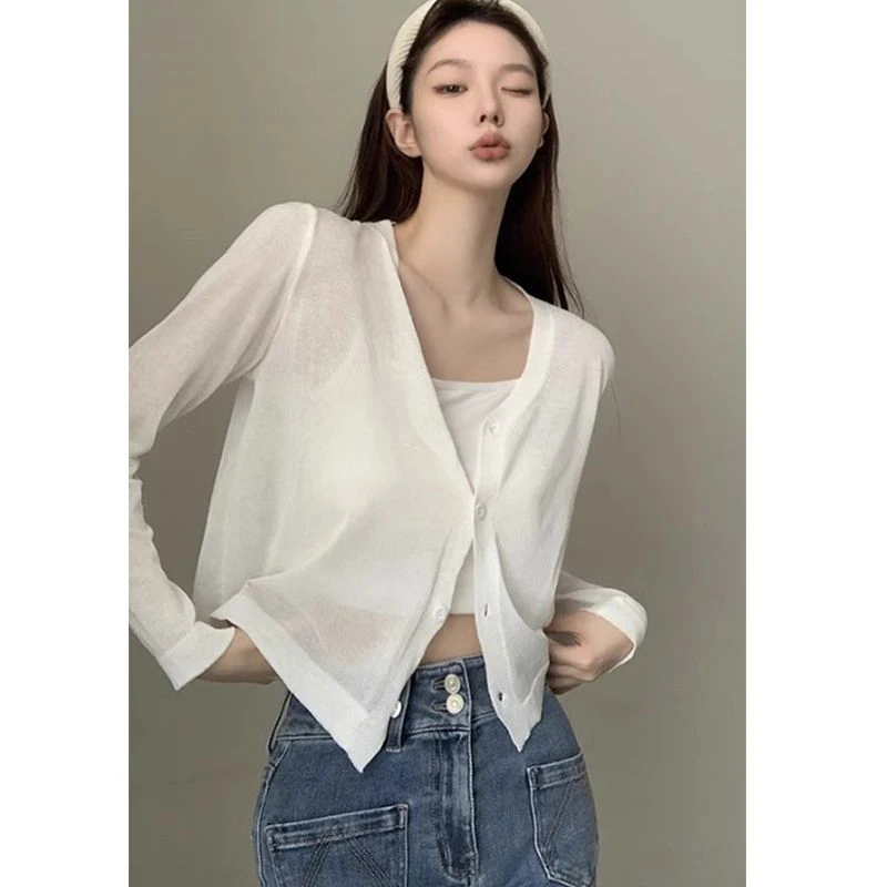 冰丝针织百搭开衫外套女夏季配吊带裙外搭罩衫长袖黑色薄款上衣潮