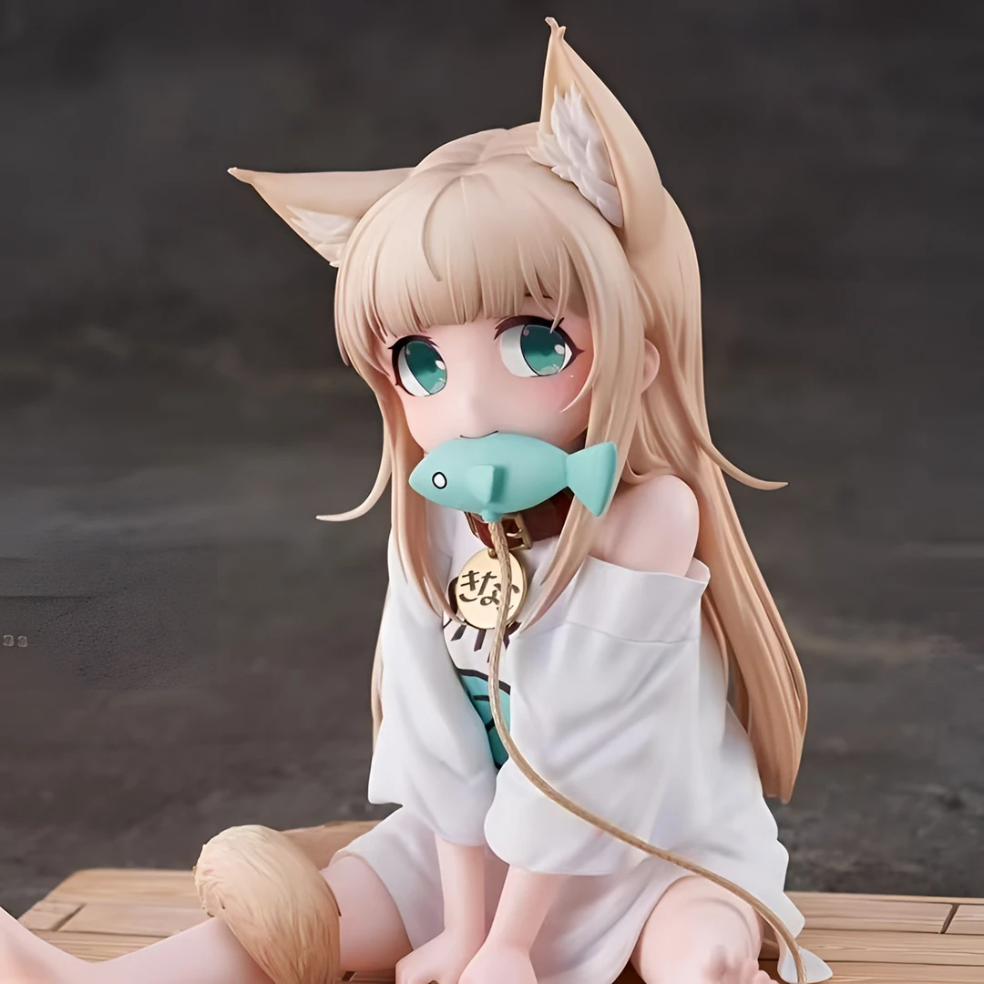 黄豆粉坐着吃鱼手办国产猫娘坐姿可换脸手办桌面摆件