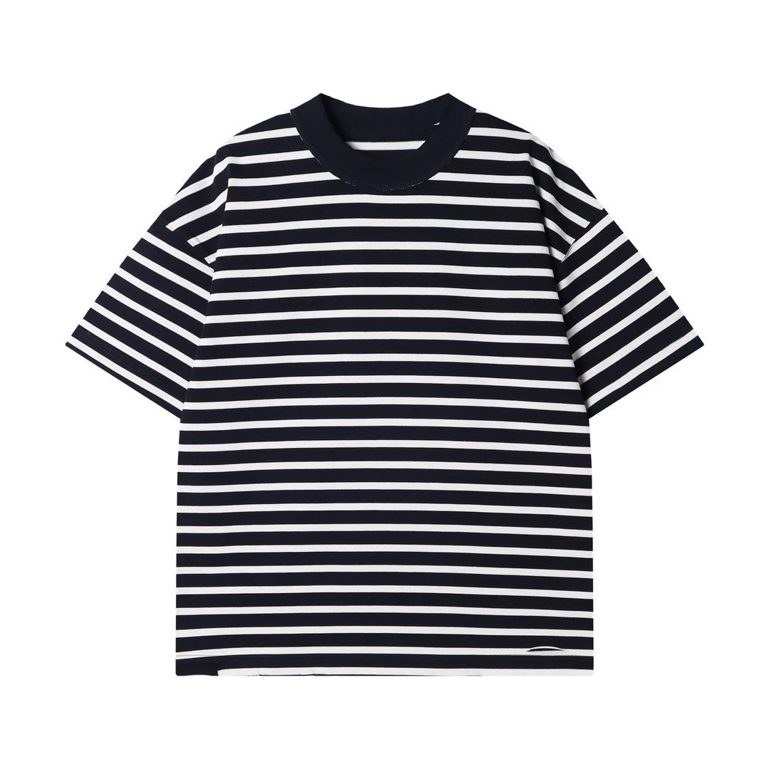 春夏新款时尚个性韩版简约黑白条纹圆领短袖T恤百搭休闲宽松上衣