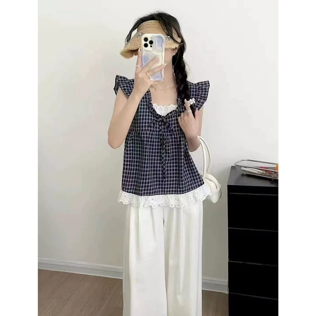 夏季拼接无袖薄款格纹常规款衬衫宽松甜美显瘦设计感122