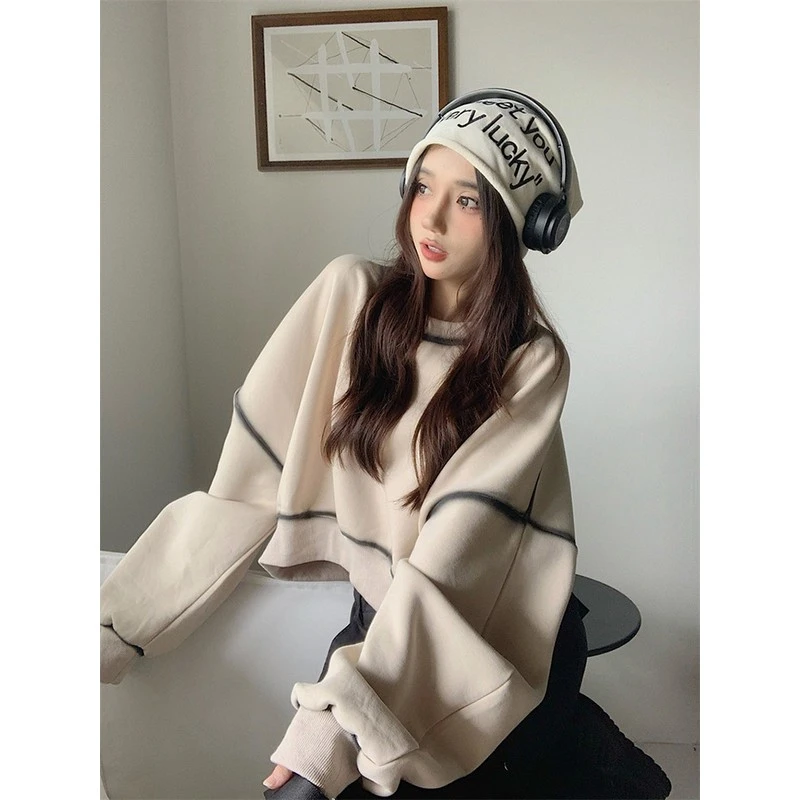韩版撞色紮染短款圆领厚款T女2025春秋新款设计感宽松百搭长袖上