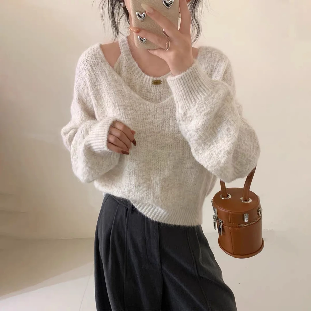 杏色法式镂空慵懒风针织衫女秋冬韩系纯欲显瘦百搭长袖上衣