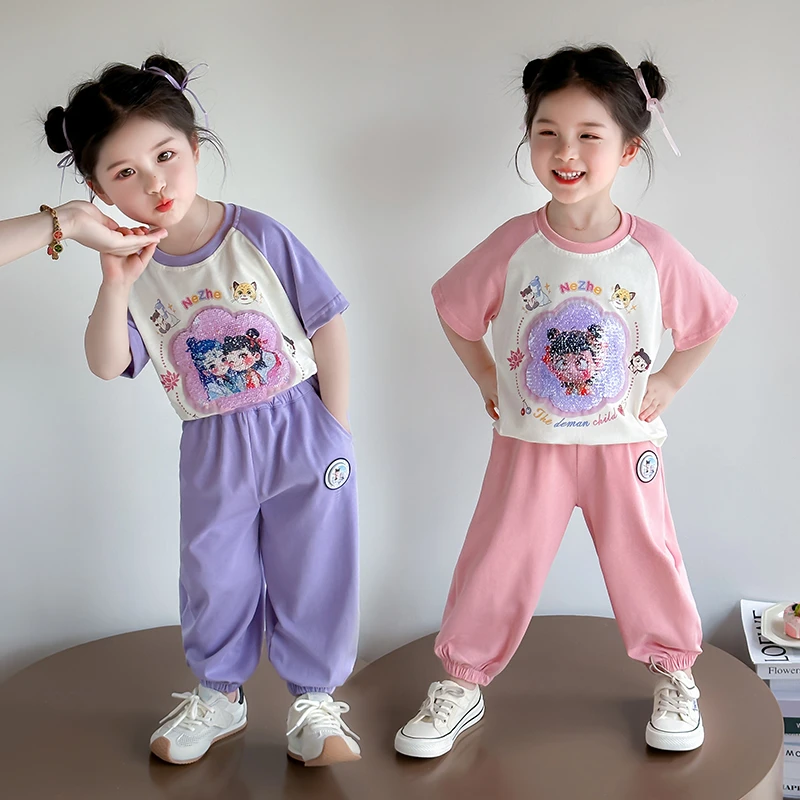 国潮女童哪吒套装儿童短袖休闲防蚊裤两件套小女孩夏季2025新款