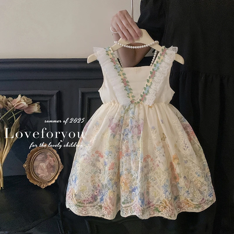 【本妈】2025夏“繁花入夏”女童吊带碎花蕾丝连衣裙25X083