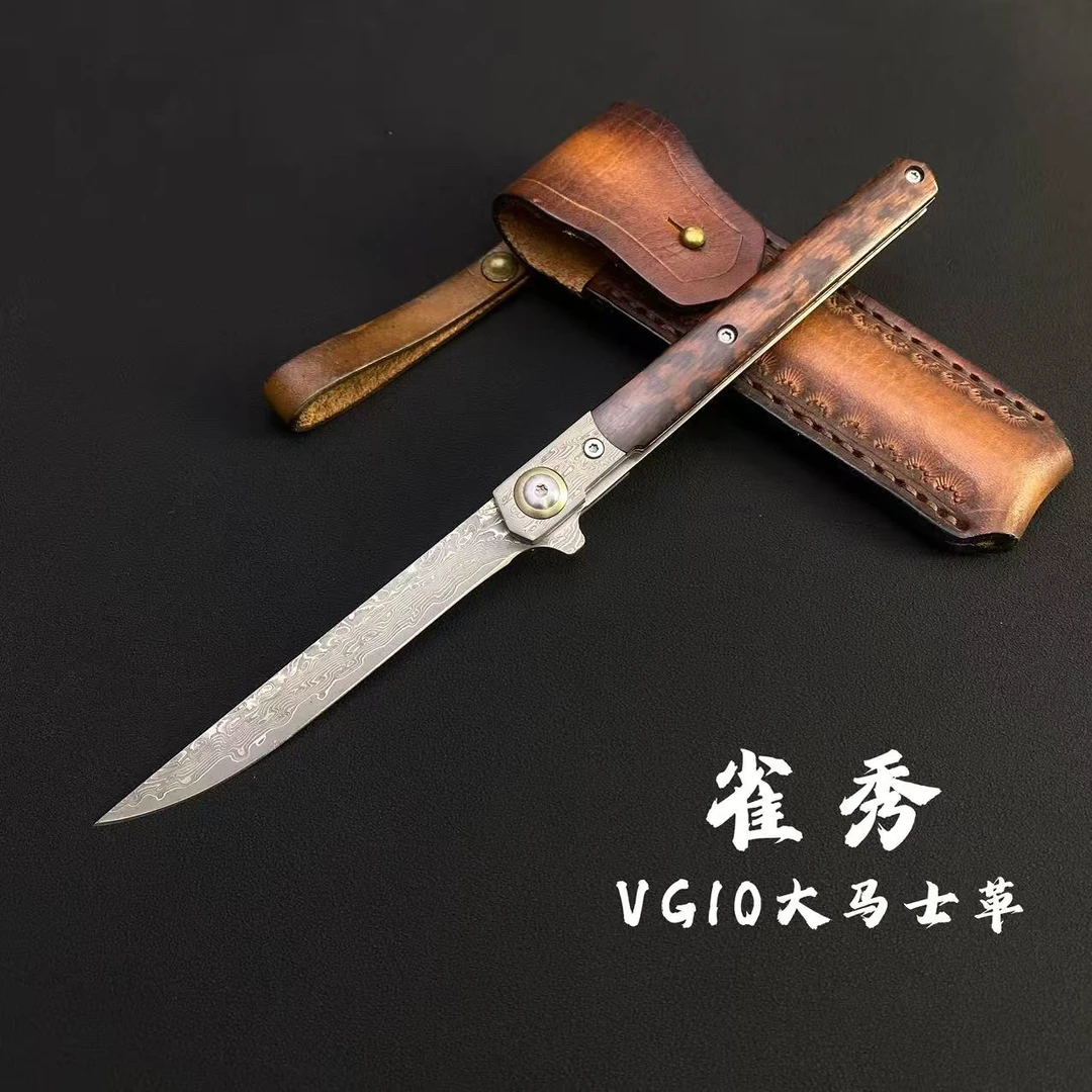 【木腾】雀秀VG10 大马士革钢小刀收藏盘玩把玩蛇纹木手柄高端刀