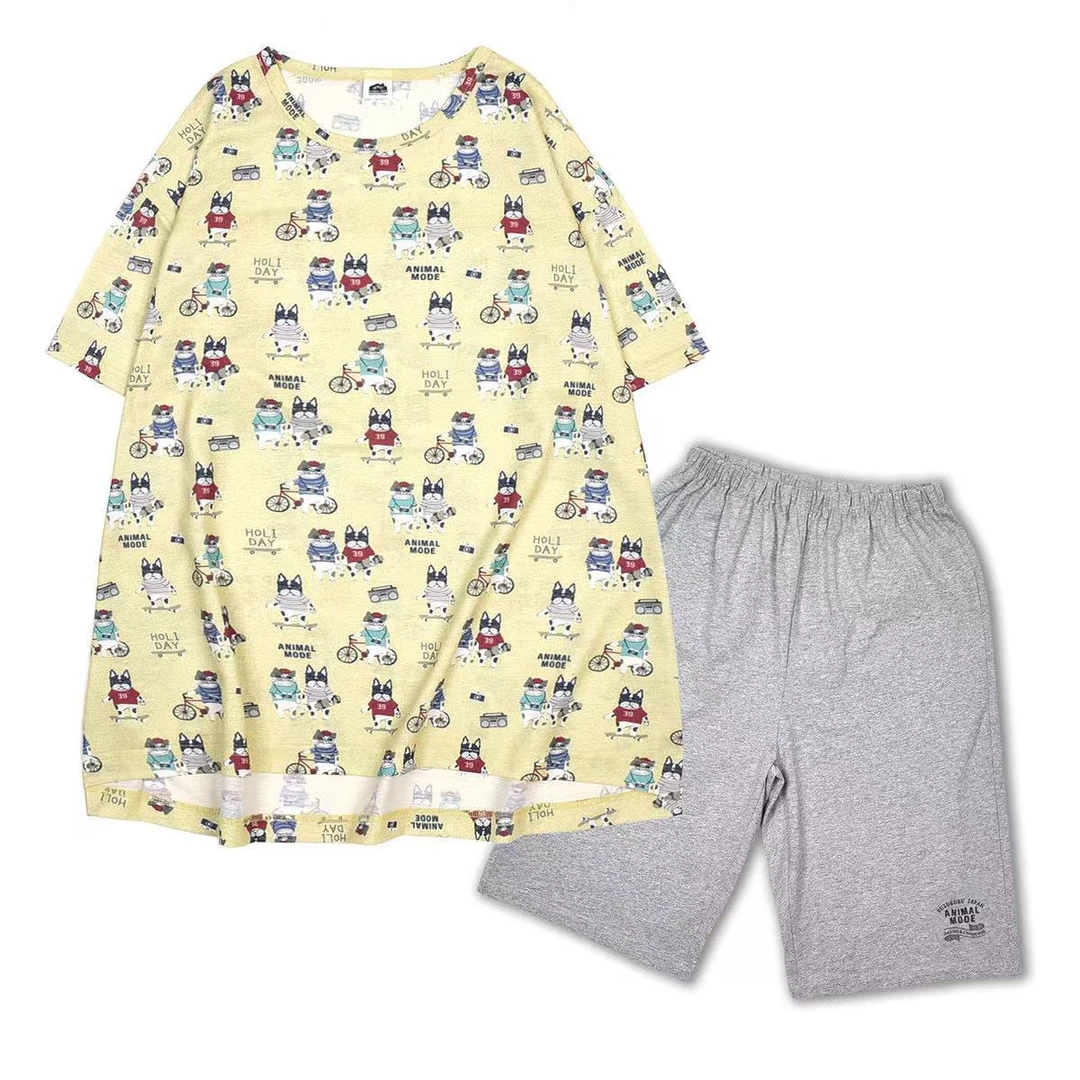 日本kusuguru满印法斗短袖五分裤睡衣两件套 法斗黄11132