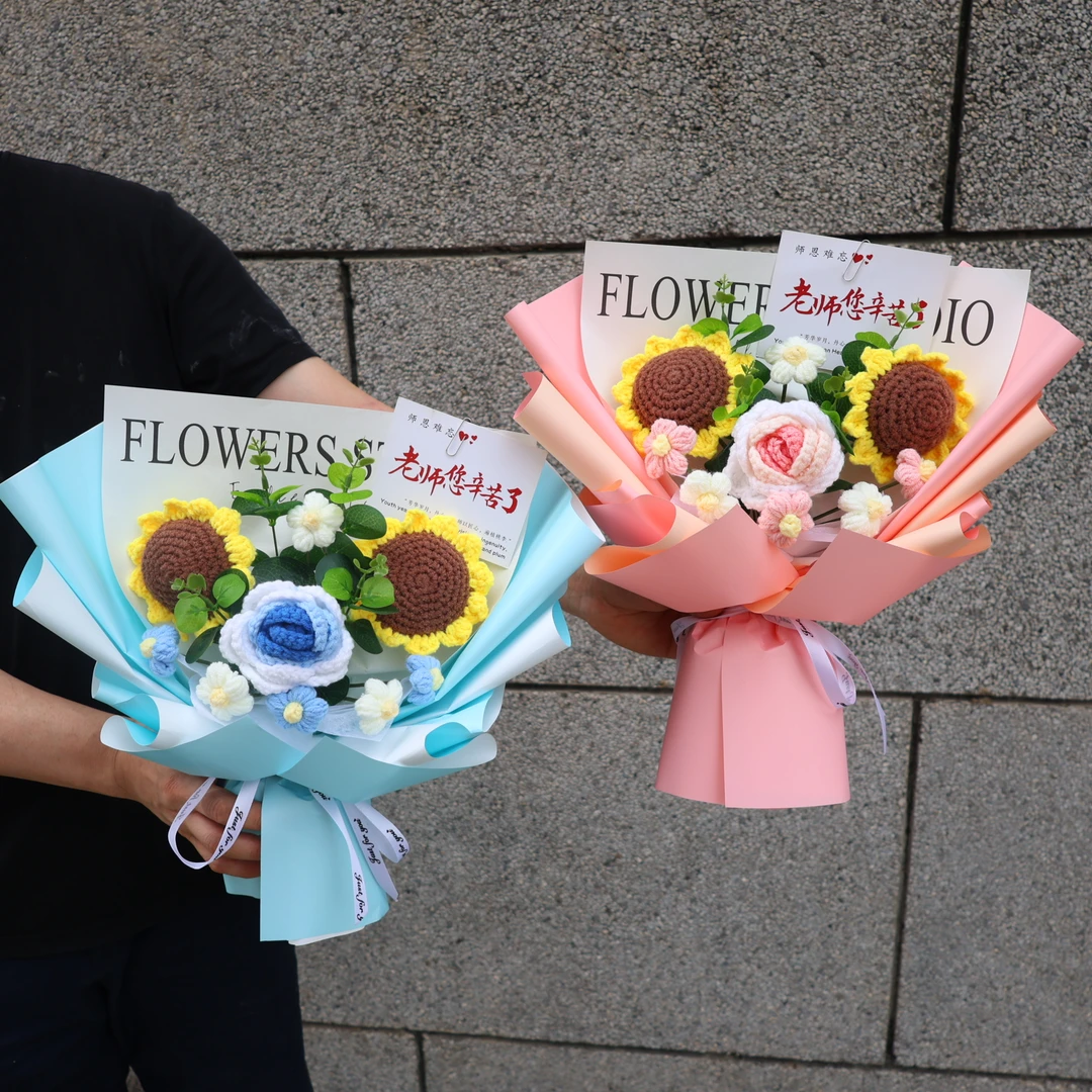 教师节送幼儿园小学老师的礼物花束手工编织毛线向日葵玫瑰花创意