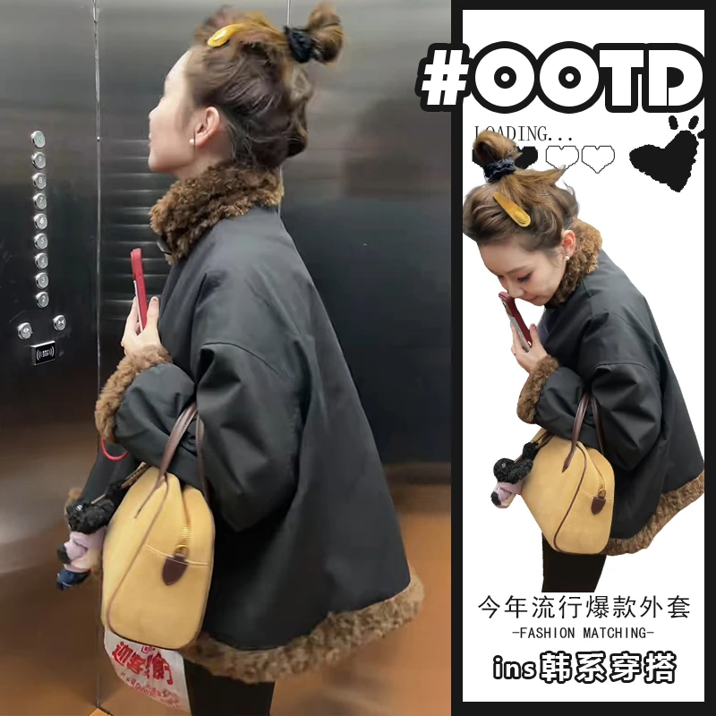 多巴胺甜妹风加厚拼接长袖外套女秋冬新款短款保暖派克服宽松上衣