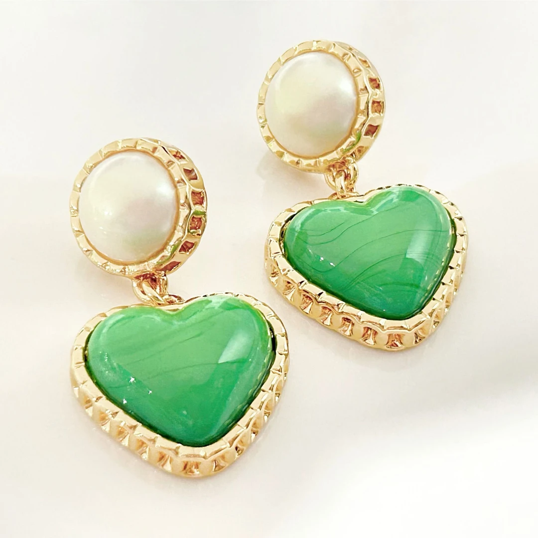 铜合金仿珍珠耳饰 4612西洋中古风 vintage复古绿色爱心珠珠耳环