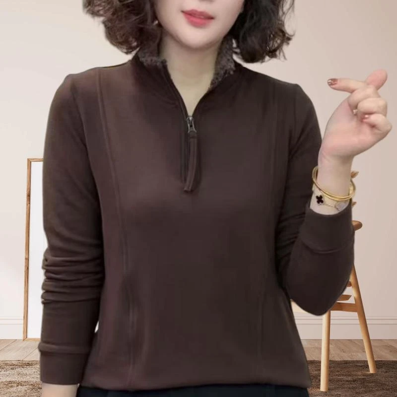 半拉链休闲百搭显瘦精品打底衫女洋气减龄时尚立领设计感长袖上衣