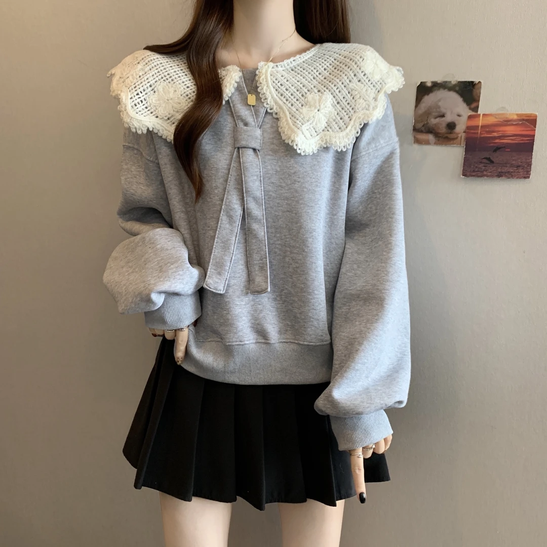 2025秋季新款娃娃领拼接长袖卫衣大码女装胖mm巨好看宽松遮肚上衣