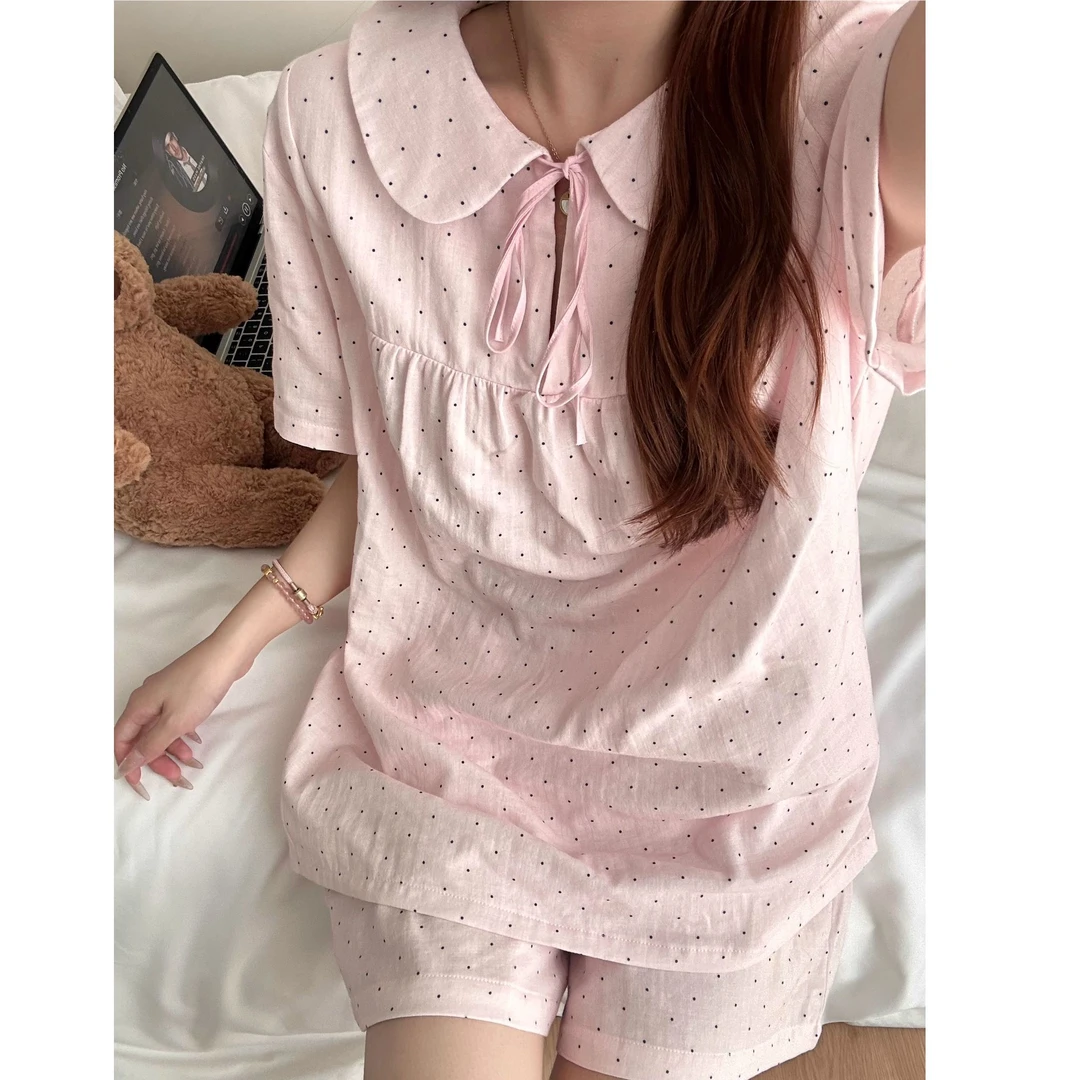 韩系ins甜美粉色波点睡衣女夏季娃娃领简约少女纯棉短袖家居服