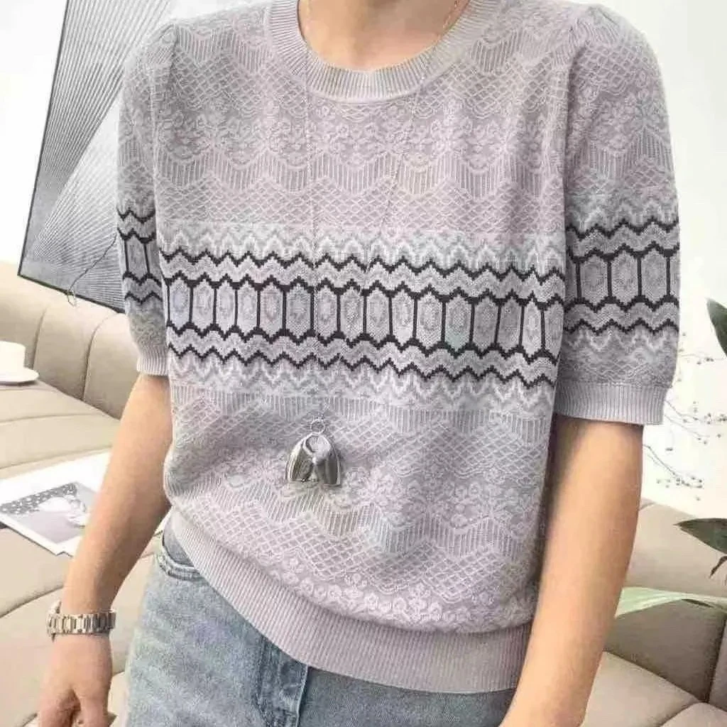 609 春季休闲风薄款毛针织衫中袖短袖夏季透气百搭