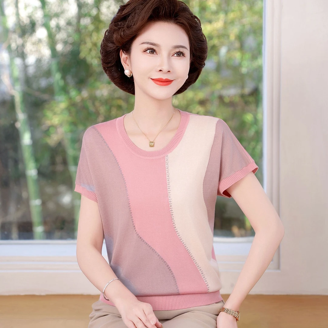 妈妈夏装短袖T恤洋气冰丝衫中老年女母亲节衣服夏季时髦上衣薄款
