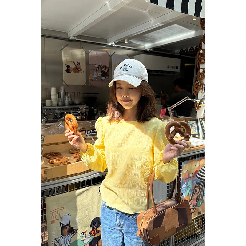 Tuuuh【黄油小方】黄色衬衫圆领宽松女夏季长袖上衣C35298TU52