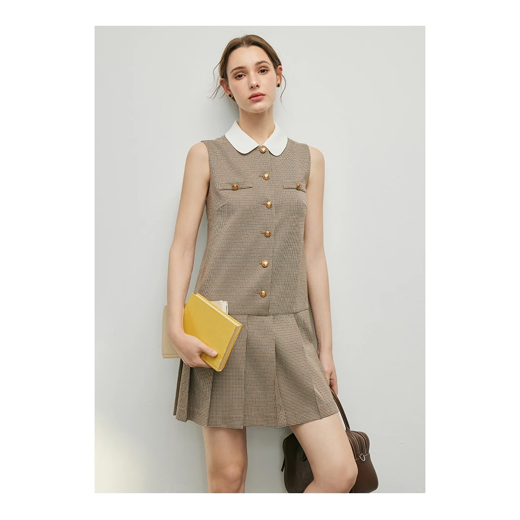 【诗语专属】法曼萱MIU系知识分子千鸟格无袖连衣裙女2025年夏裙子