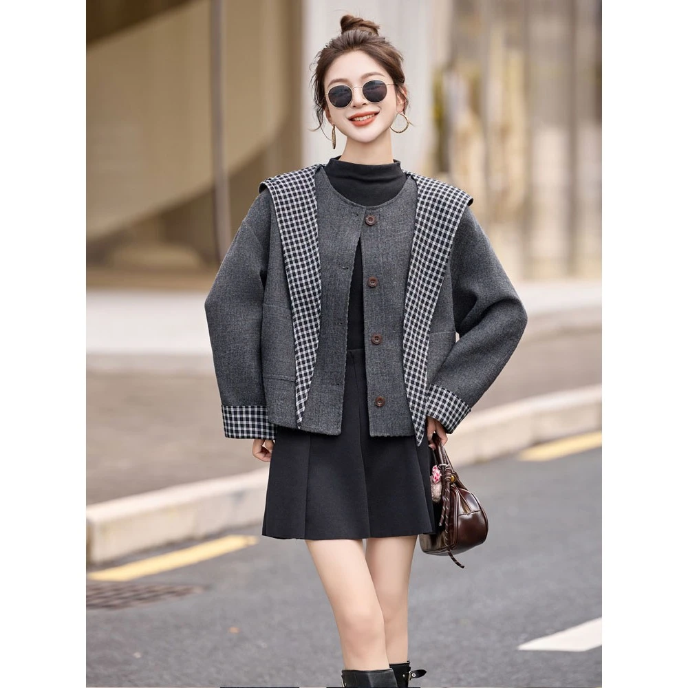 毛呢外套女2025秋新款小个子超好看的高级感韩系短款连帽呢子大衣