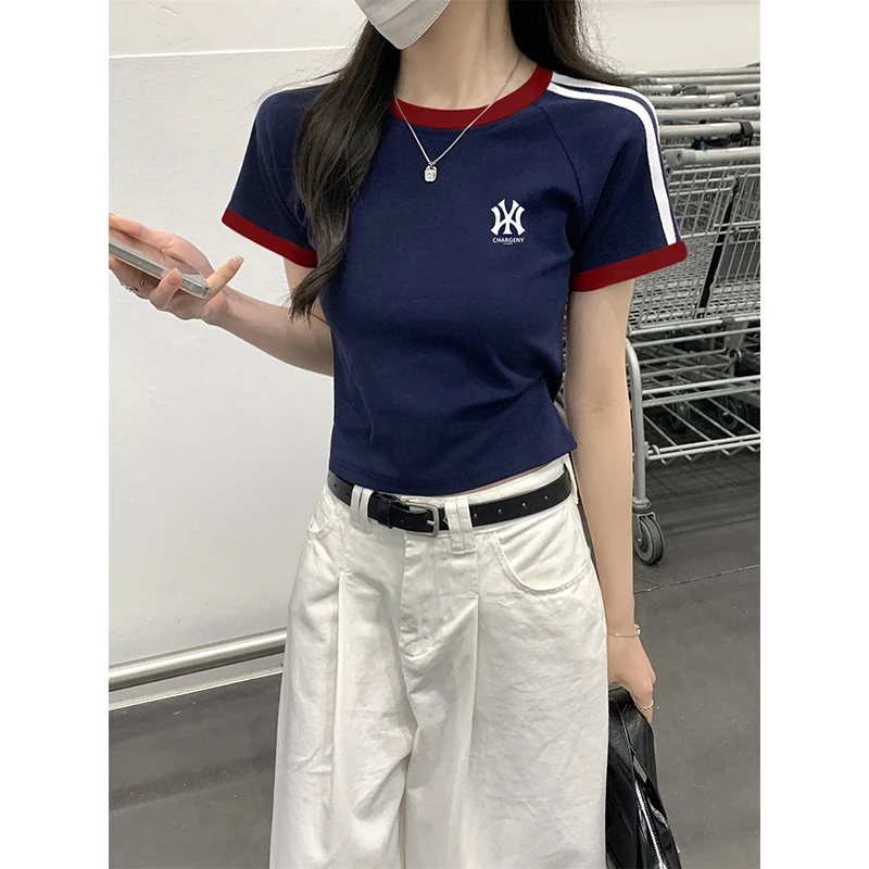 ABG美式辣妹复古撞色短款修身刺绣logo织带百搭时尚短袖T恤女上衣