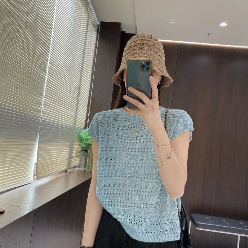 IMFLY金小金自制女装 莱赛尔针织衫DYW9191春夏镂空针织短袖女