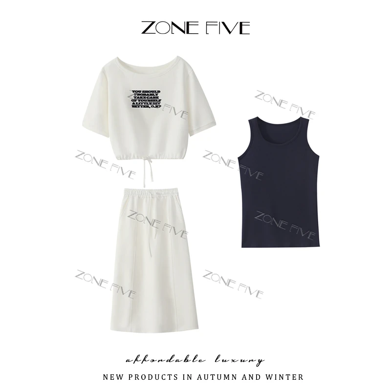 【zonefive】秋季植绒一字肩七分袖卫衣长裙吊带套装三件套39336