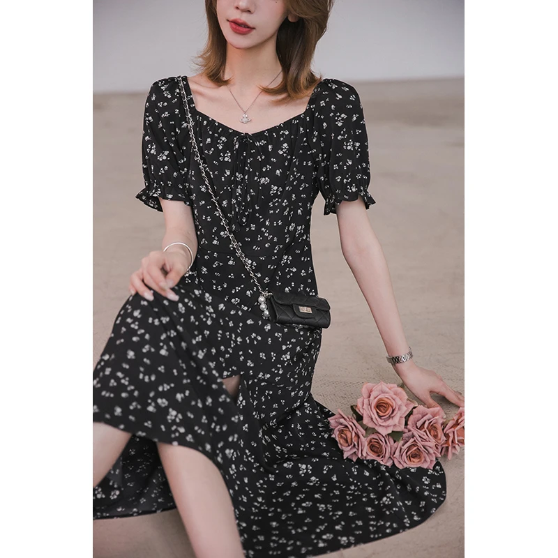 【星河碎花裙】 方领大裙摆sbs拉链气质时尚法式连衣裙女夏季碎花裙