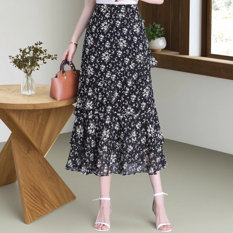 雪纺碎花鱼尾裙半身裙女夏季薄款高腰包臀裙中长荷叶边显瘦一步裙