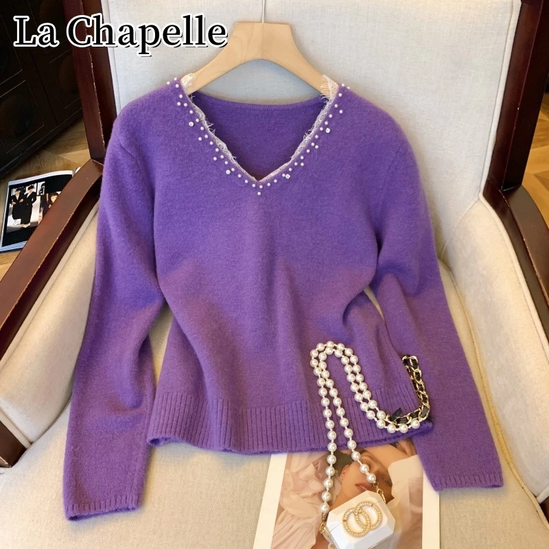 拉夏贝尔秋冬蕾丝珠钉V领套头针织衫女洋气百搭宽松显瘦打底毛衣