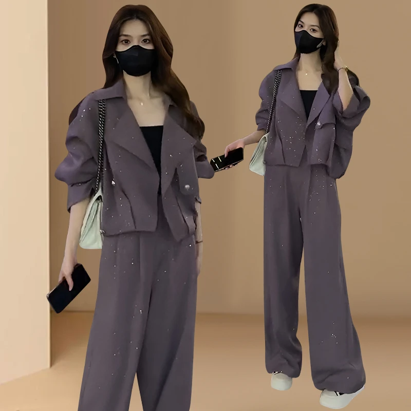 高级感时尚闪闪套装女士春秋季新款宽松短款外套阔腿裤气质两件套