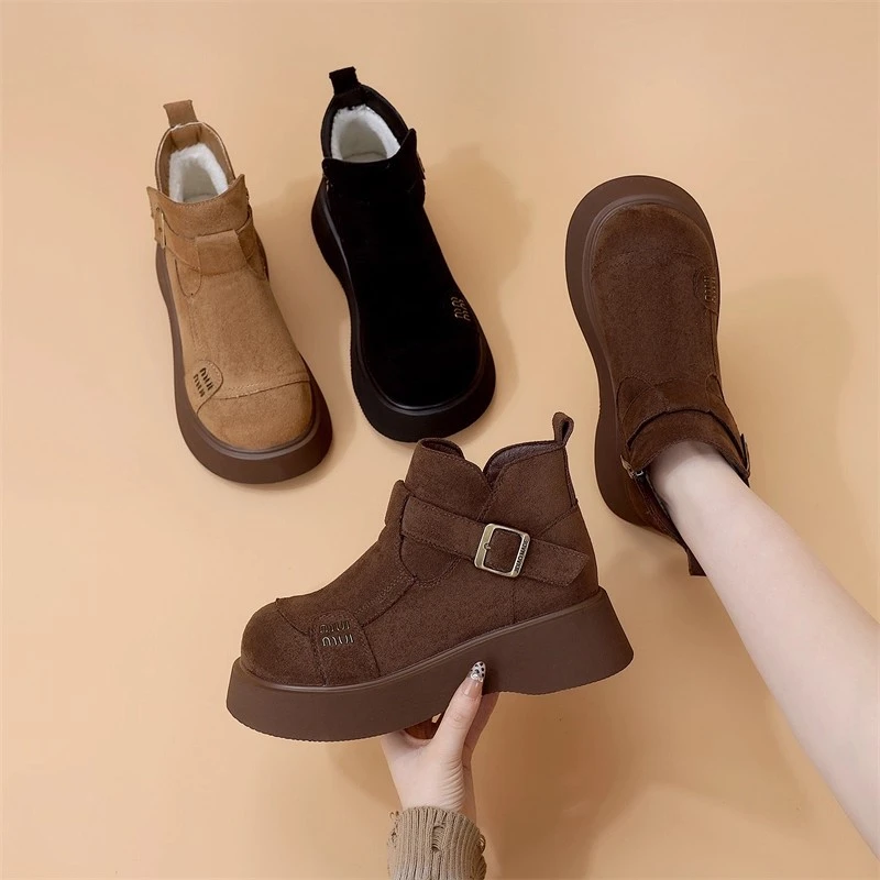2025秋冬厚底勃肯短靴女冬季新款百搭增高加绒保暖新品鞋显瘦翻毛