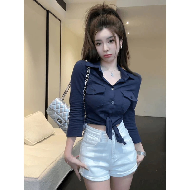 竹节面料手感正纯欲翻领长袖衬衫女新款秋季显瘦上衣