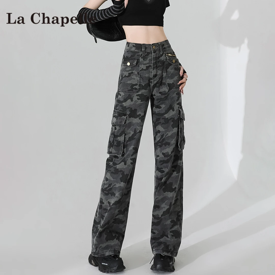 拉夏贝尔美式休闲迷彩工装裤女2025年秋冬新款高腰宽松显瘦阔腿裤